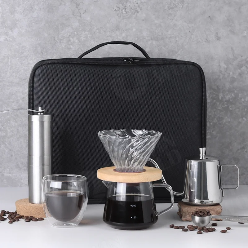 Modern Dripper Coffee Gift Set Includes Kettle,Manual Grinder and Glass Cup,ALL in 1 Great Portable Box for Traveling