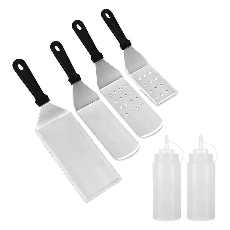 BBQ Tool Plastic Handle Stainless Steel Frying Spatula 6-piece Teppanyaki Pancake Steak Frying Tool for Barbecue
