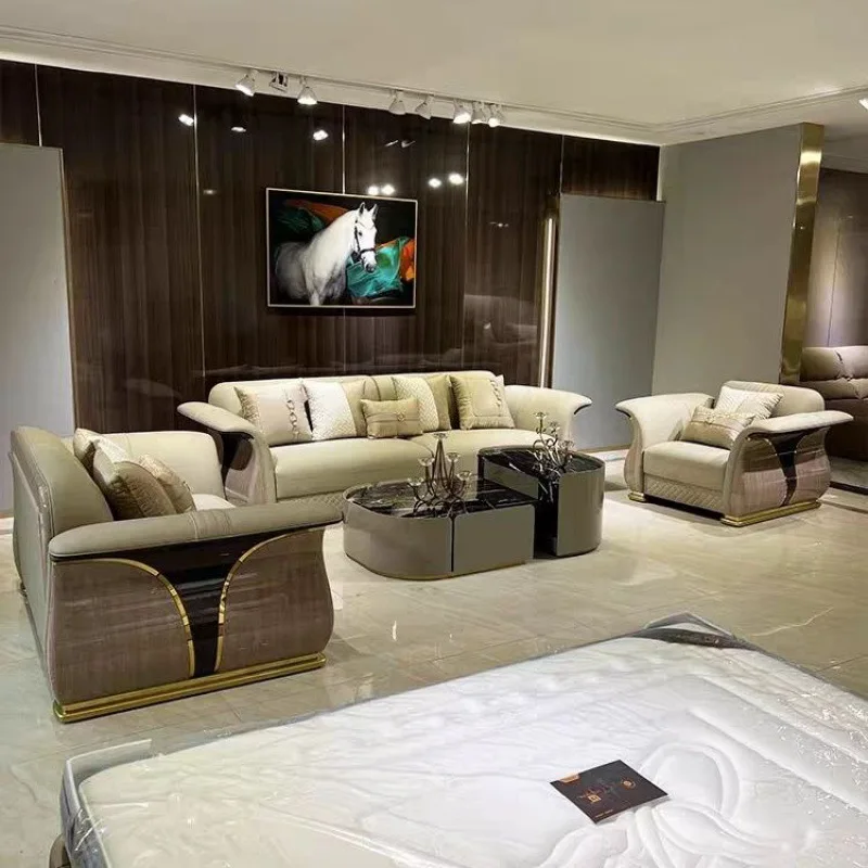 Modern L-Shape Solid Wood Living Room Sofa Set Gold-Plated Stainless Steel Genuine Leather Elegant Gold-Plated Genuine Sofa
