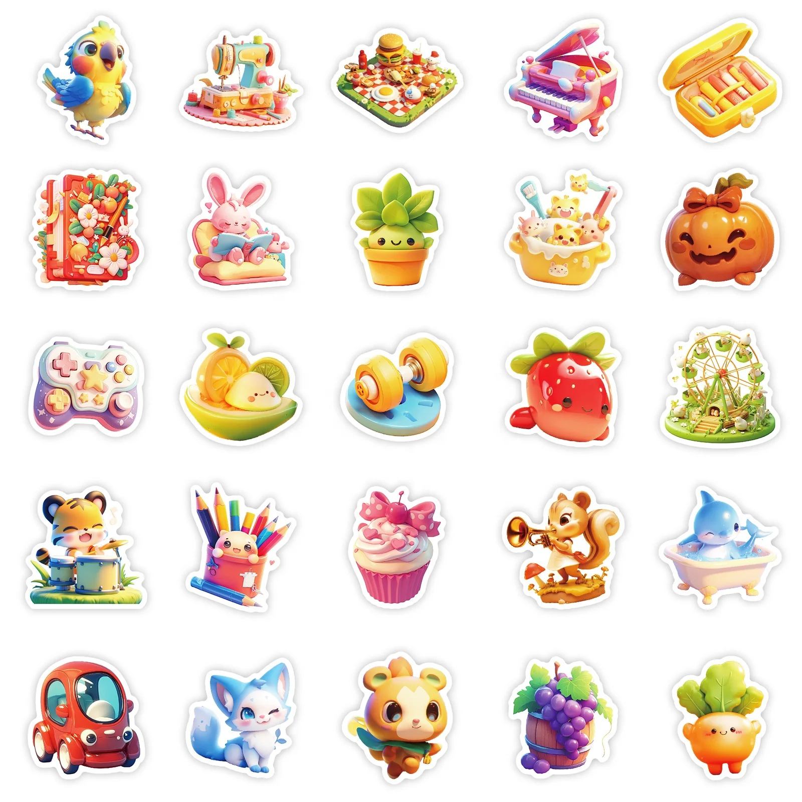 50pcs Cartoon Round 3D Animal Series Stickers Student Decoration Water Cup Computer Graffiti Stickers, T01042186