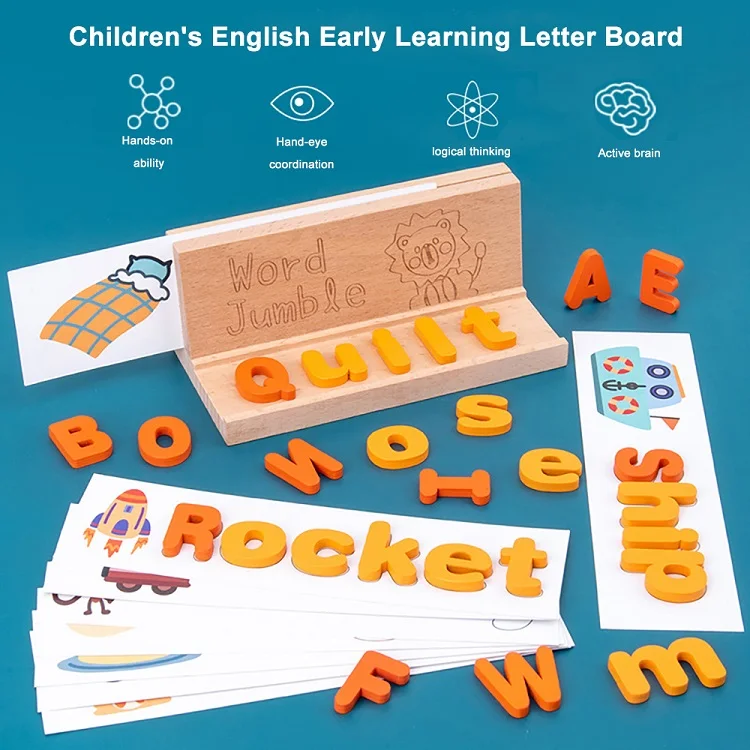 Kids Montessori Spell Word Game Wooden Toy Early Learning Jigsaw Letter Alphabet 3D Puzzle Baby Educational Puzzles for Children