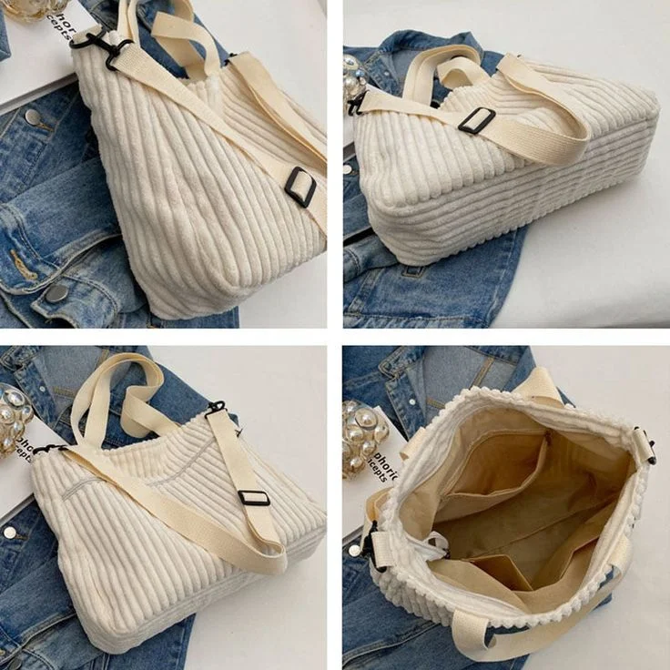 Solid Soft Large Capacity Corduroy Handbags for Women Winter Shoulder Side Bag Vintage Large Shopper Shopping Bags Zipper Totes