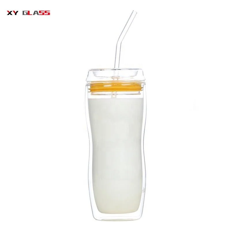 Высококачественная стеклянная чашка ручной работы с двойной стенкой с соломой и крышкой