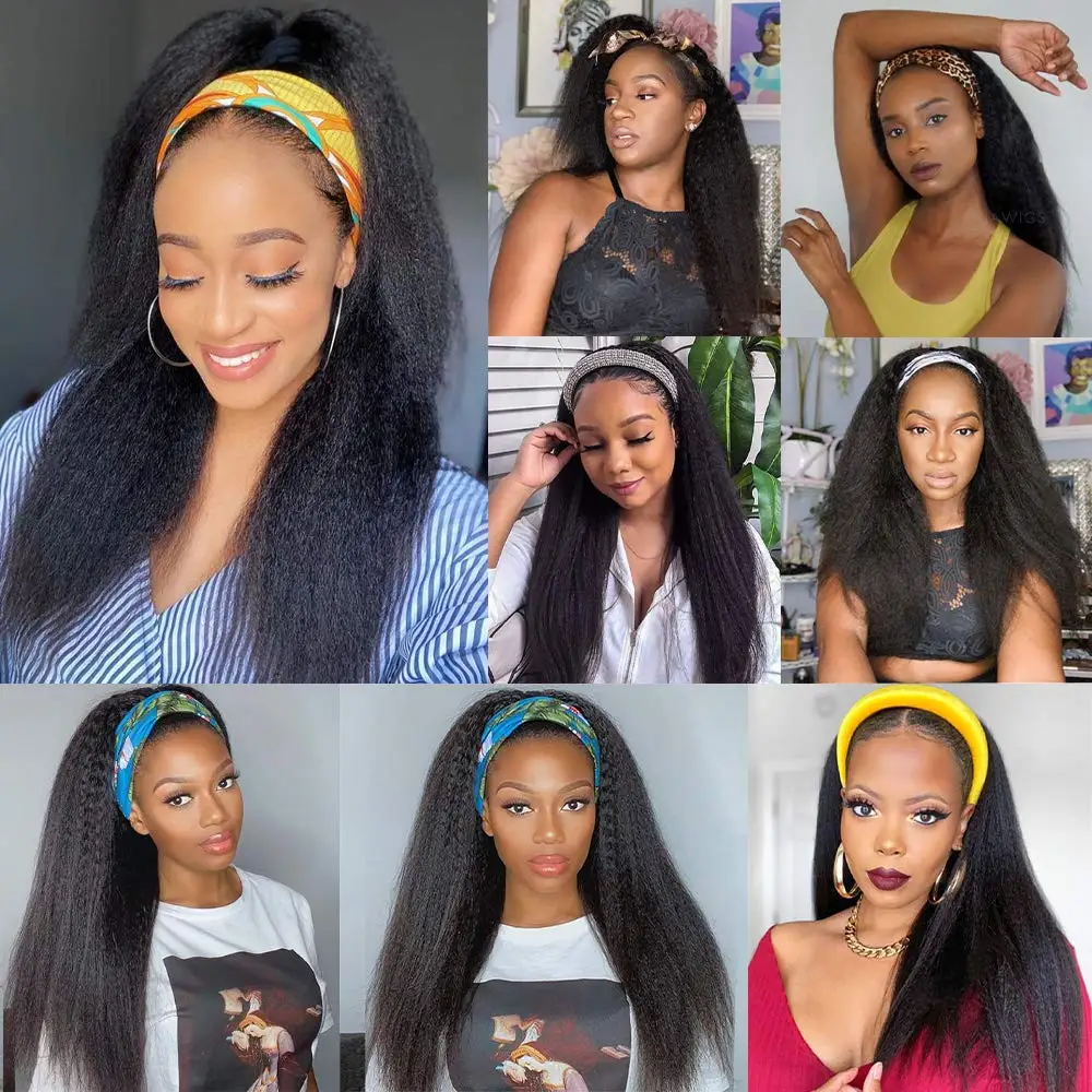 Long Kinky Straight Headband Synthetic Hair Wigs Cap For African American Women Natural Black/Red 26Inch Kanekalons Afro Wig