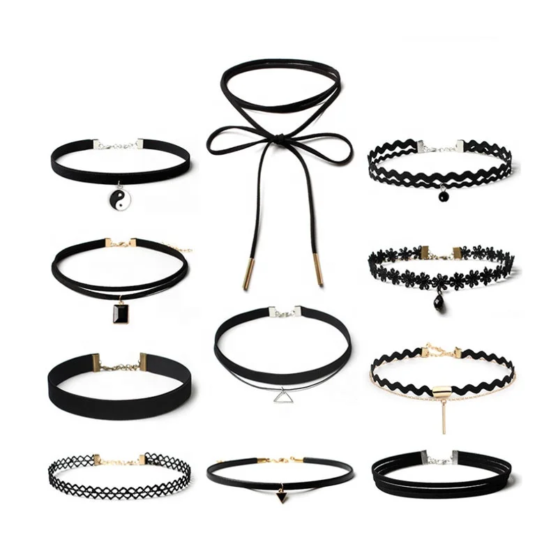 Custom Zinc Alloy Handmade Women Female Leather Black Collar Choker Necklace