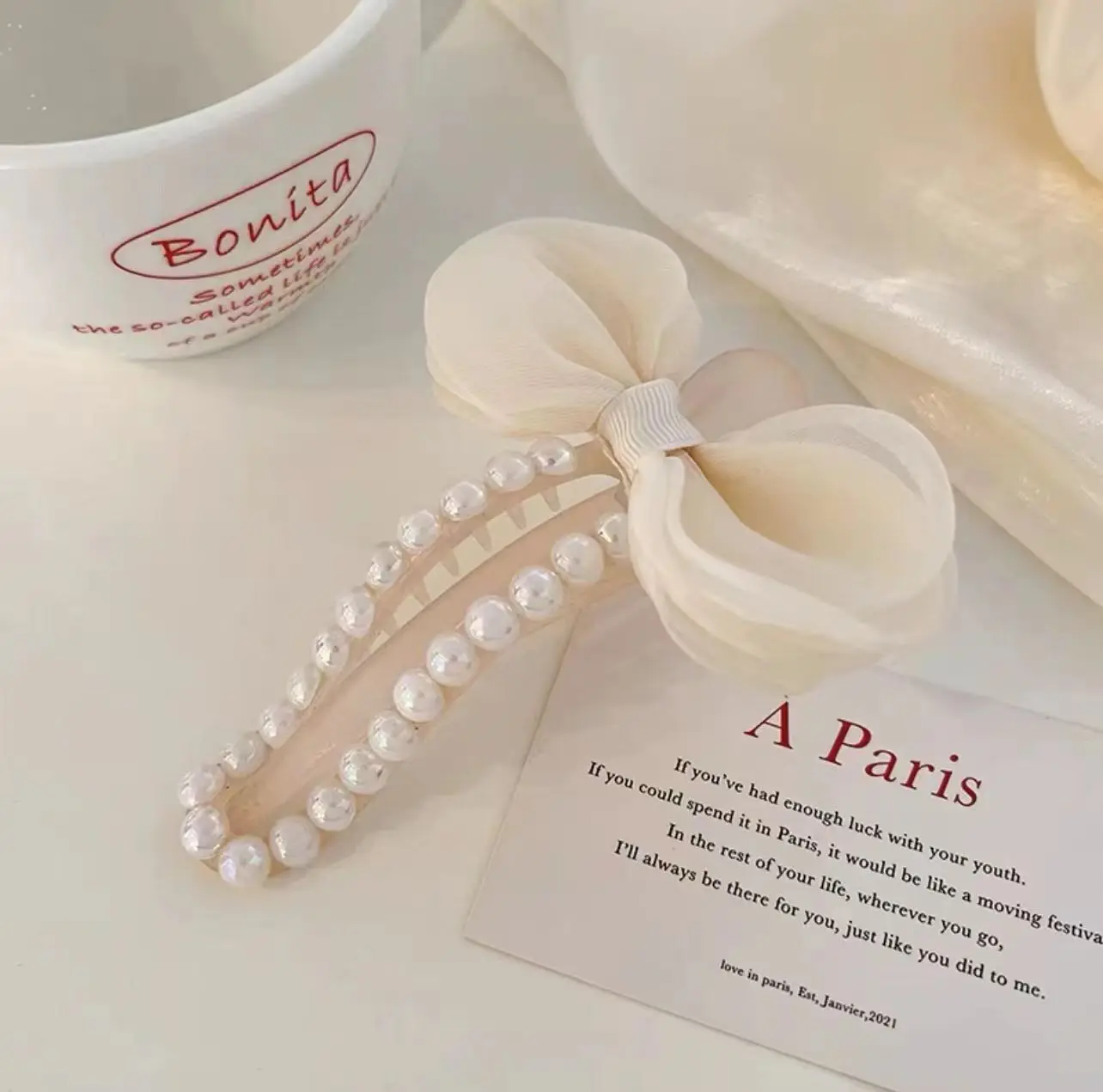 2023 South Korea Dongdaemun Bow ins Pearl back head hair clip net red plate hair duck beak clip large mesh gauze grab clip