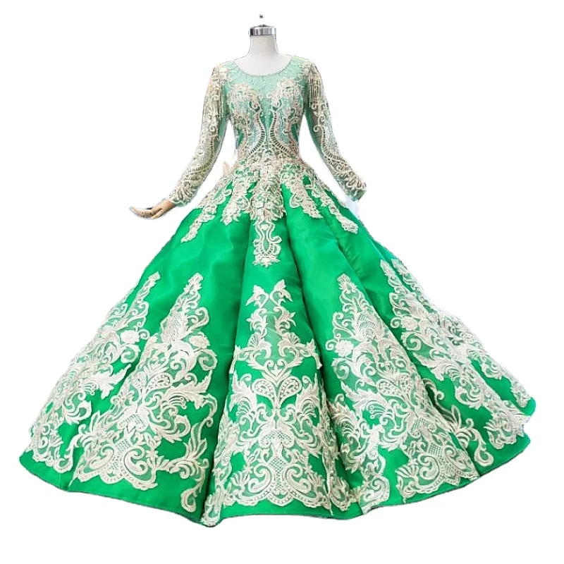 Muslim Wholesale Cheap Luxury Full Sleeve Bridal Ball dress  Sequins Lace Wedding Dress Big ball  Wedding Bridal Gowns