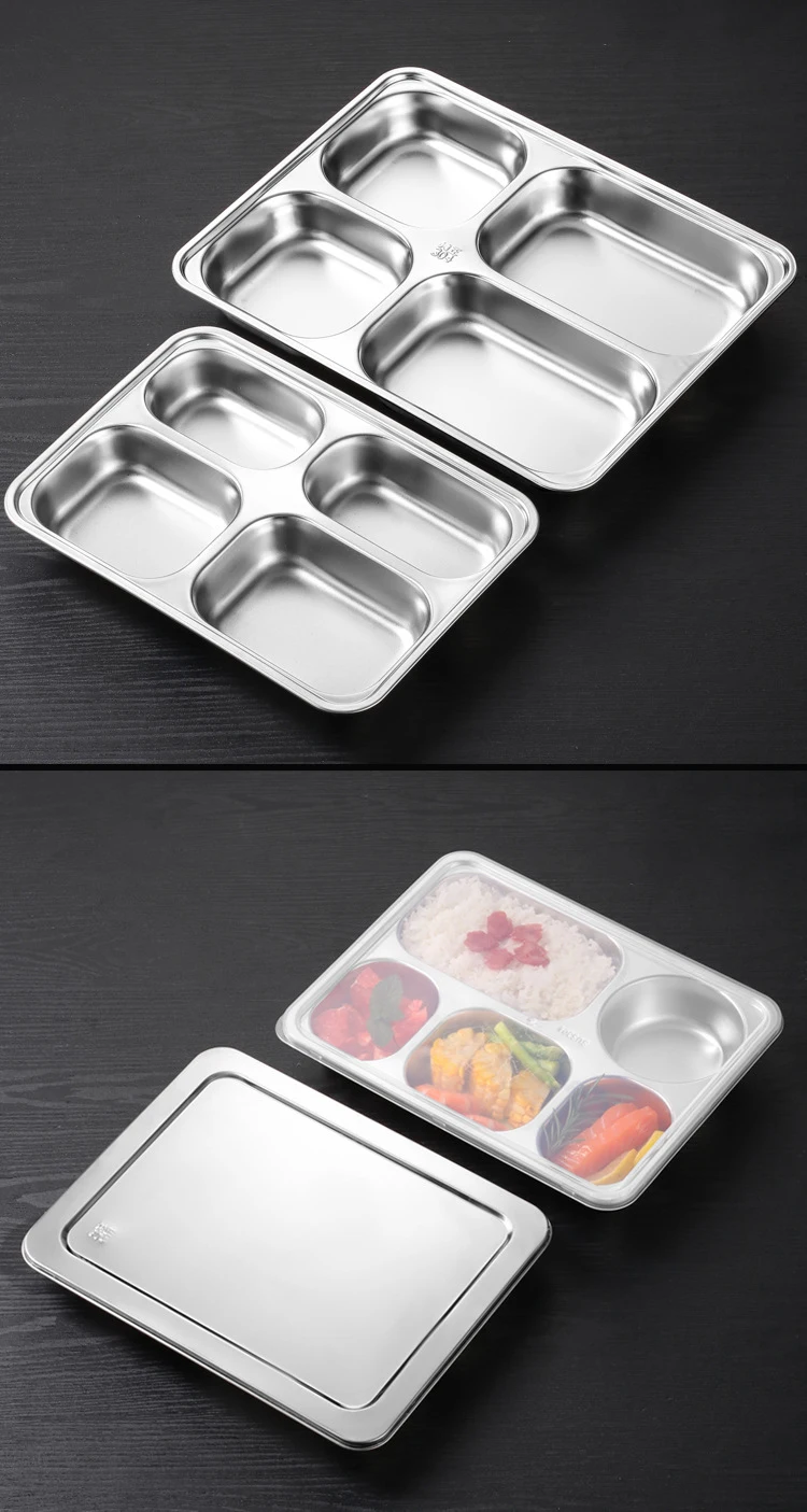 Factory five compartment food grade stainless steel 304 restaurant hotel school catering serving dinner plate set with lid
