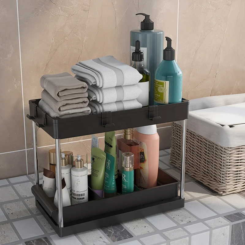 2 Pack Under Sink Organizer 2 Tier Under Sink Storage Organizer with Hooks and Hanging Cups for Bathroom,Kitchen Multi-Purpose S