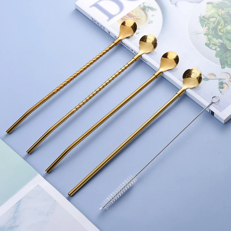 Exclusive Design 10PCS Set 304 Stainless Steel Straws And Scoop High Quality Food Grade Metal Straw Spoon With Brush