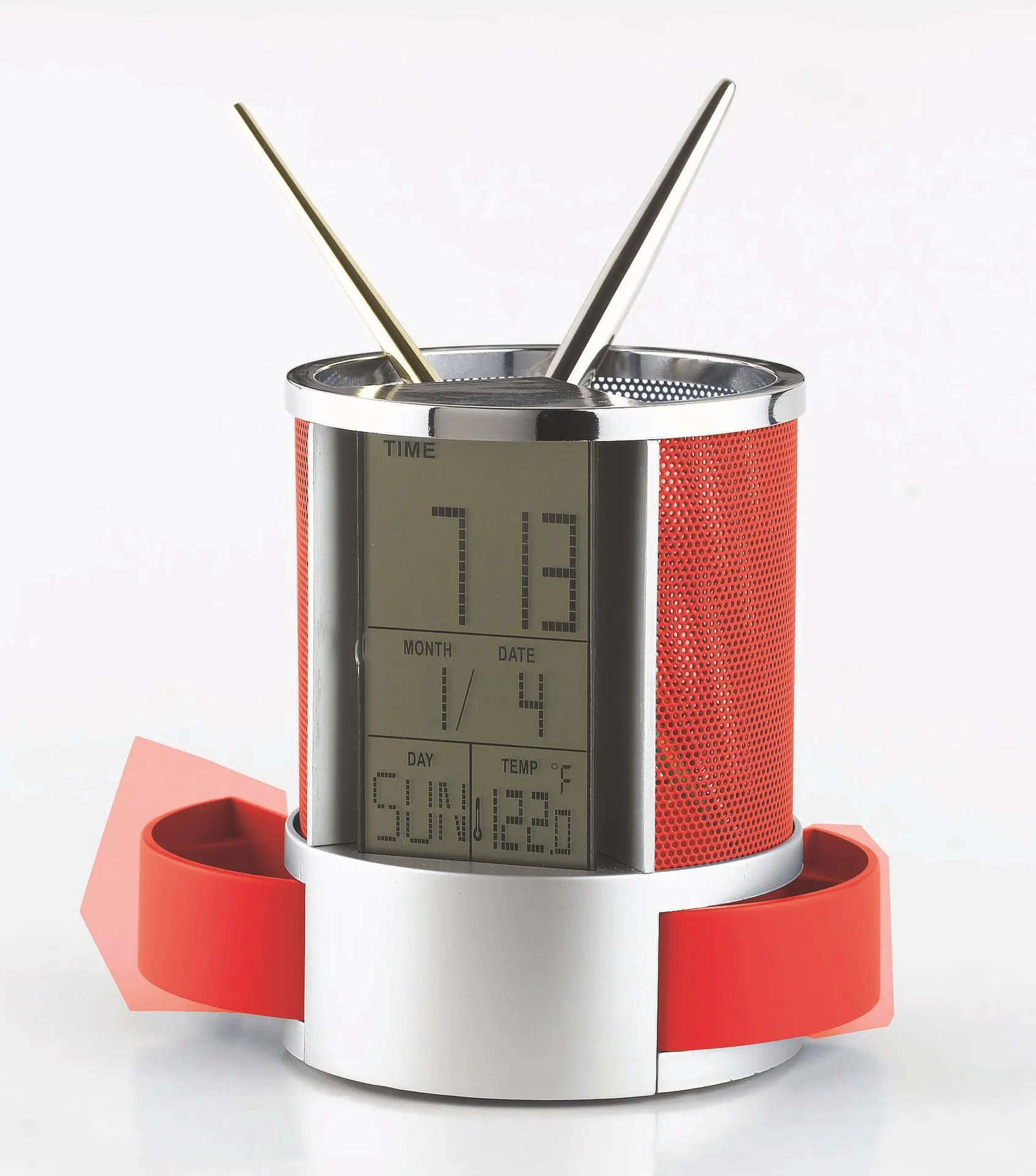 Factory wholesale custom table clock with pen holder pen holder with digital clock pen holder with clock and thermometer