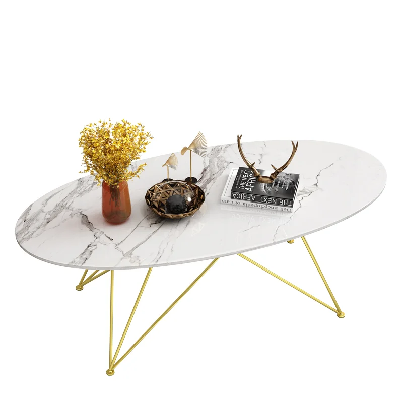Popular living room oval shape coffee table white top with metal frame