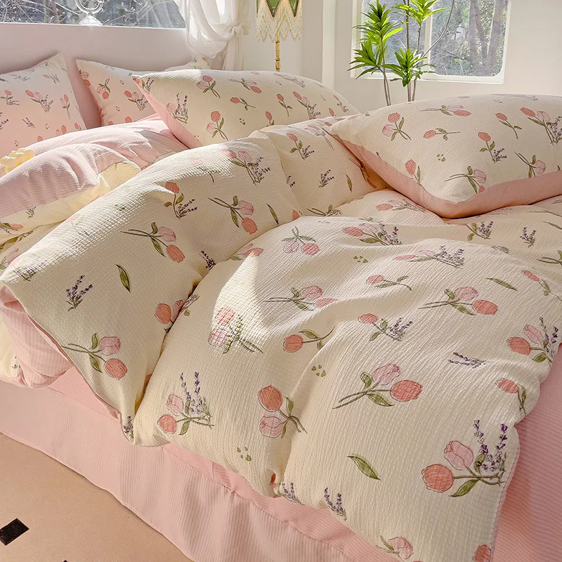 Aoyatex 2024 New Arrivals Luxury bedding sets Jacquard Washed bubble Gauze Bed sheets set Cute Four-piece set