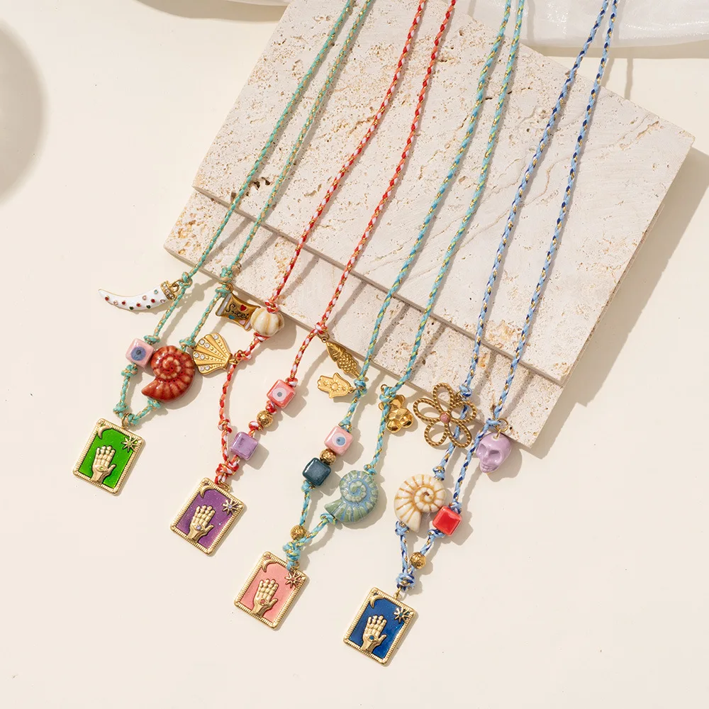 Unisex Retro Bohemian Style Stainless Steel Flower Pendant on Rope Tarot Brand Shell Ceramic Rope Heart-Shaped Gifts