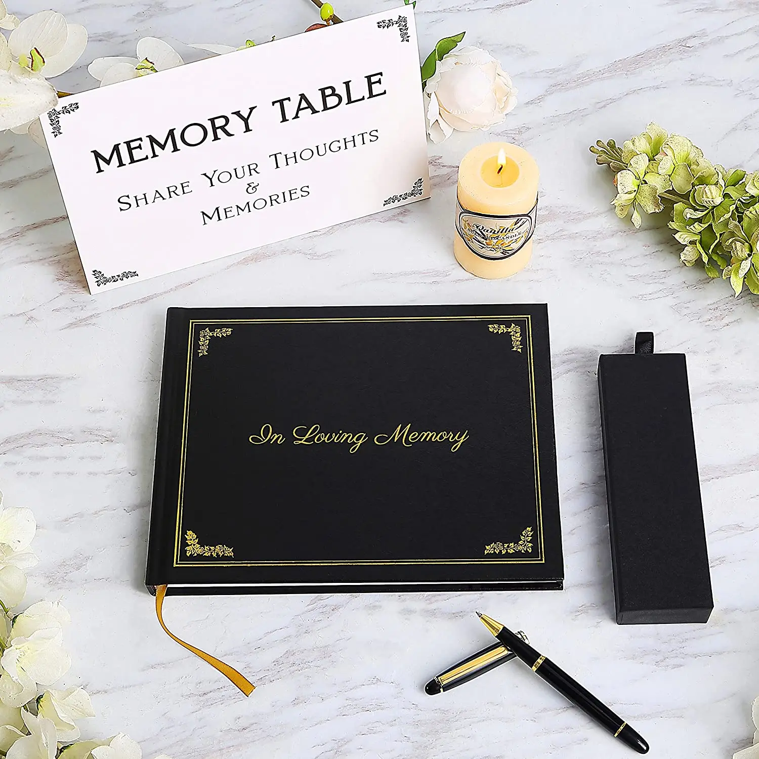 Custom Printing Funeral Guest Book Journal Set Black Leather Celebration of Life Memorial Guest Notebooks with Picture Pockets