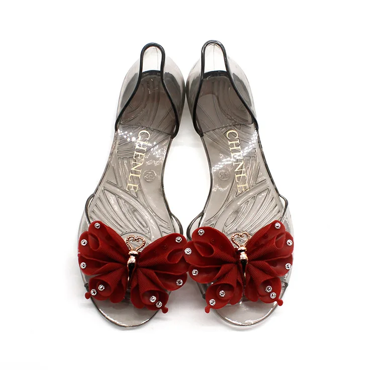 
Professional design crystal fish mouth transparent flat shoes latest rhinestone soft bow Jelly sandals for women and ladies 