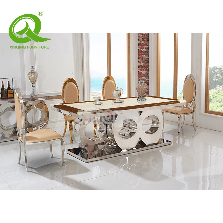 Fashion design stainless steel  base marble top dining table set