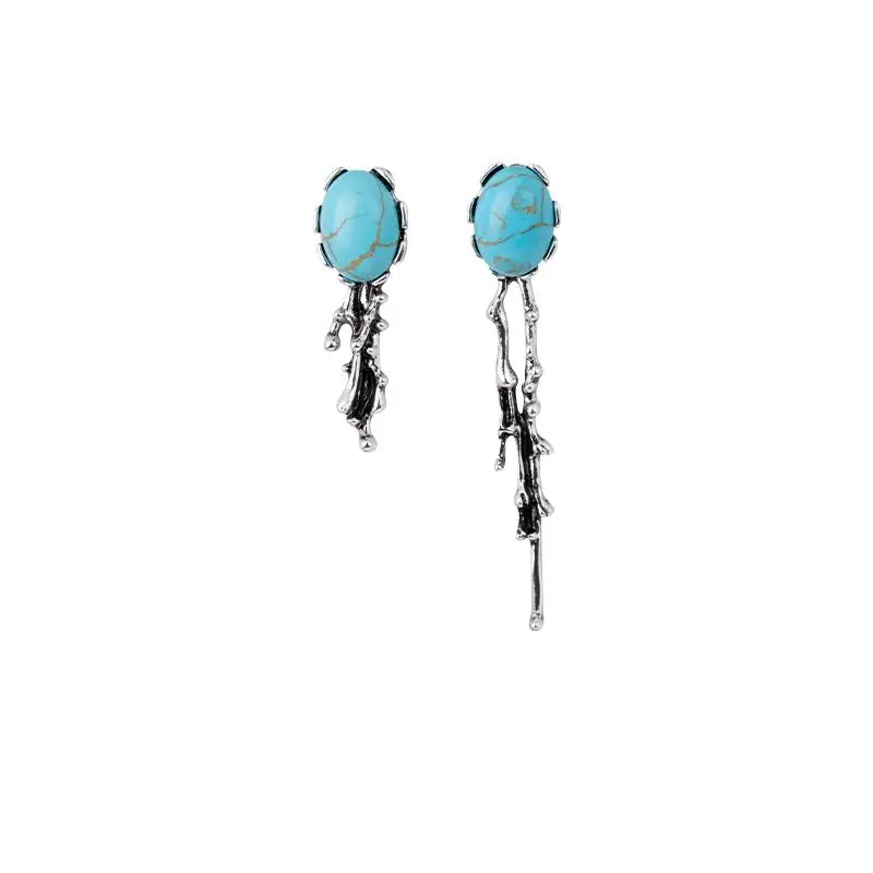Silver Needle Bohemian Style Asymmetric Blue Turquoise Earrings Creative Personality Inlay Fashion Jewelry