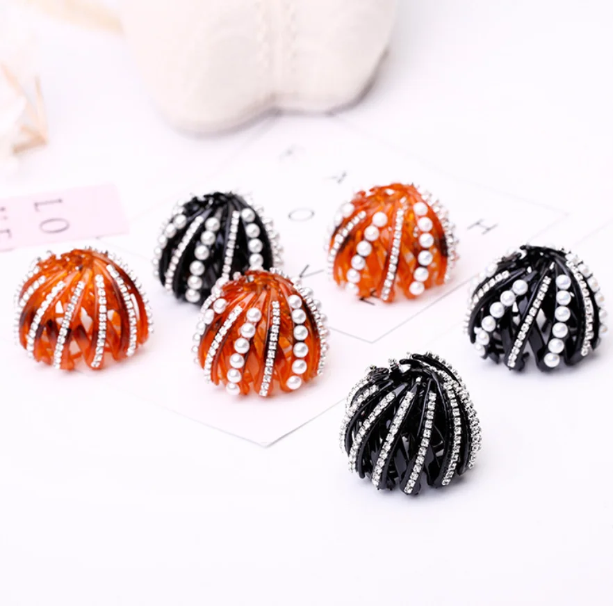 New Trending Buckle Hairpins Diamond Bird Nest Bun Pearl Hair Grab Clips Ponytail Holder Hair Claw Ladies Rhinestone Headwear