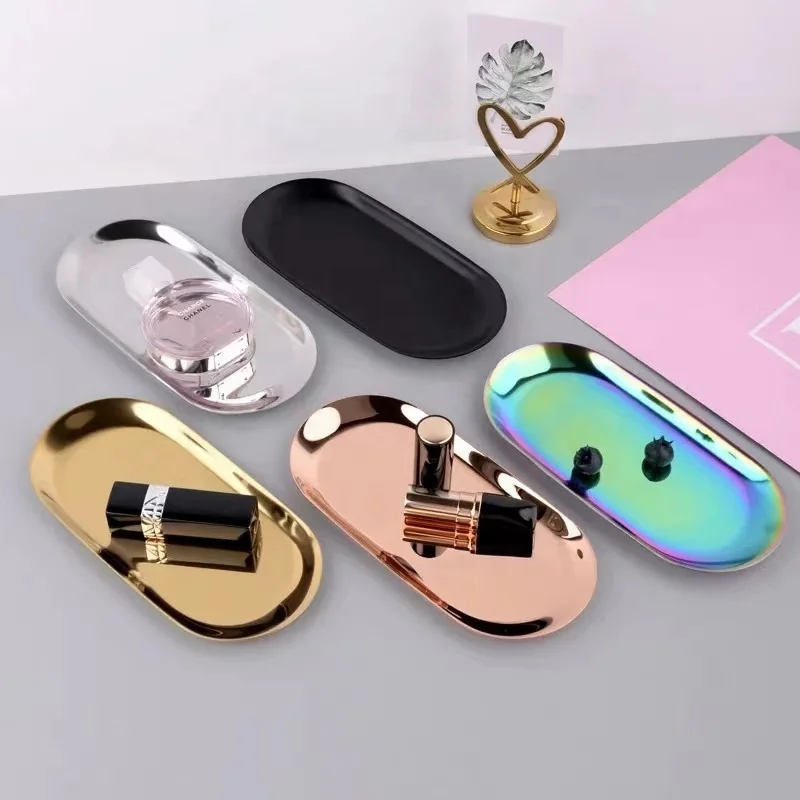 Oval Silver Gold Black Rainbow Metal Stainless Steel Snack Dessert Trinket Jewelry Rolling Serving Trays
