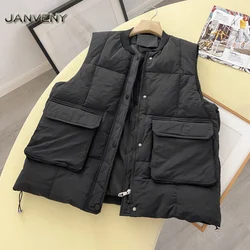 JANVENY 2022 New Winter V-neck Single Breasted Down Vest Women Elegant Wide Shoulder Pockets Stand Collar Loose Puffer Waistcoat
