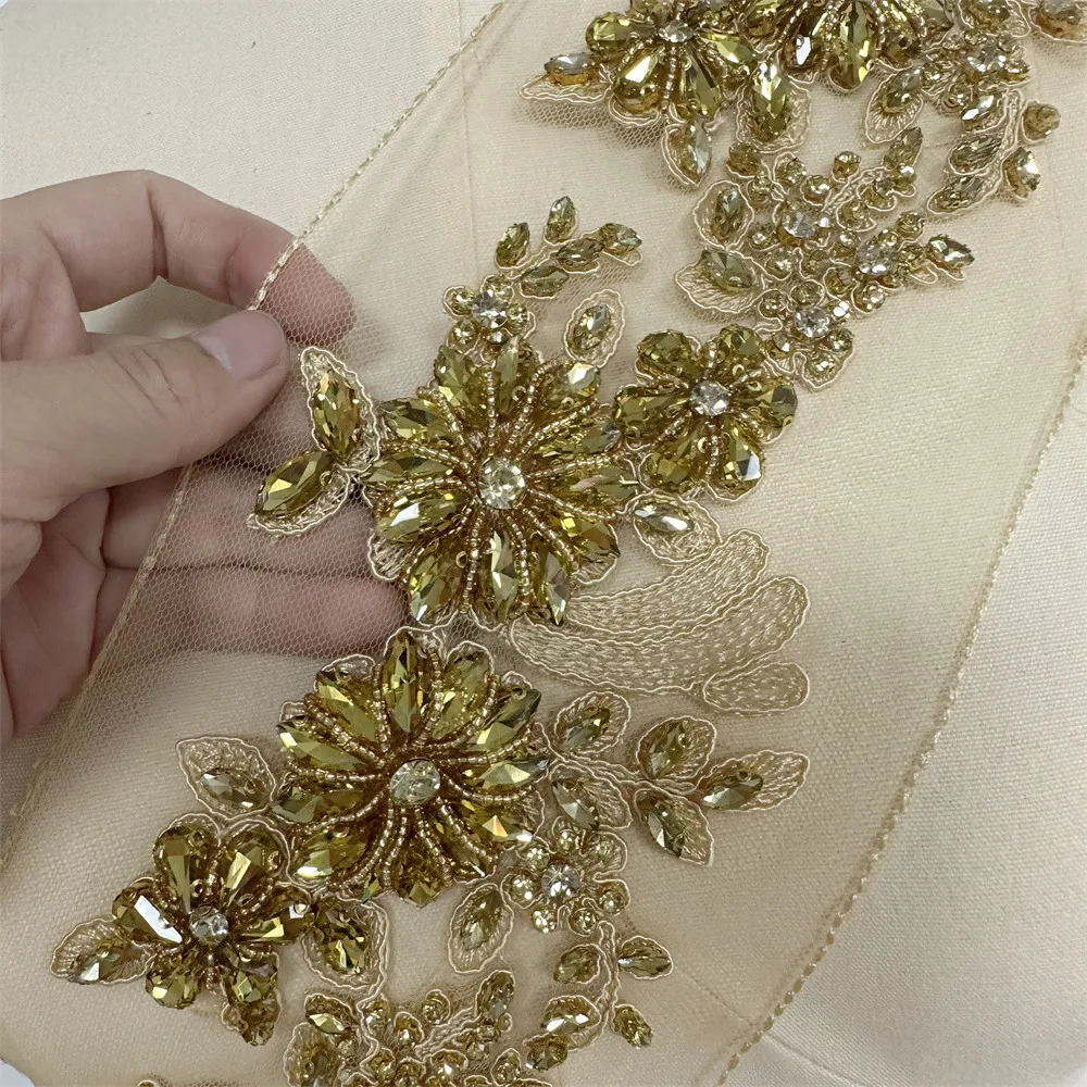 Rhinestone lace applique 3d heavy bead lace trim with pearls heavy embroidery tulle lace applique