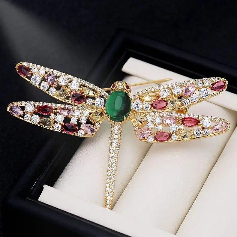 Trendy fashion  color zircon temperament corsage pin Copper Rhinestone Dragonfly Brooch