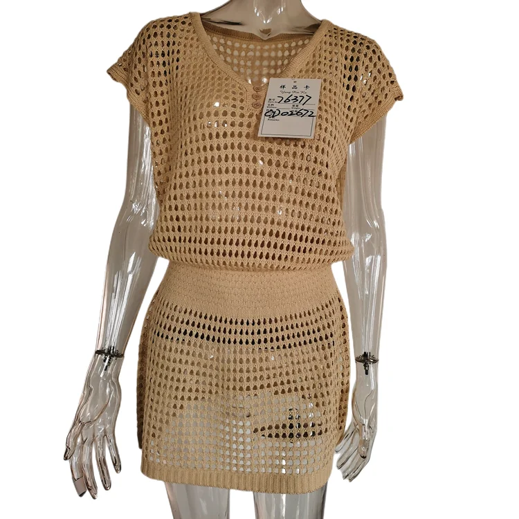 wholesale short sleeve hollow out cover ups beach dresses women  plus size knitted swimwear dress summer 2023