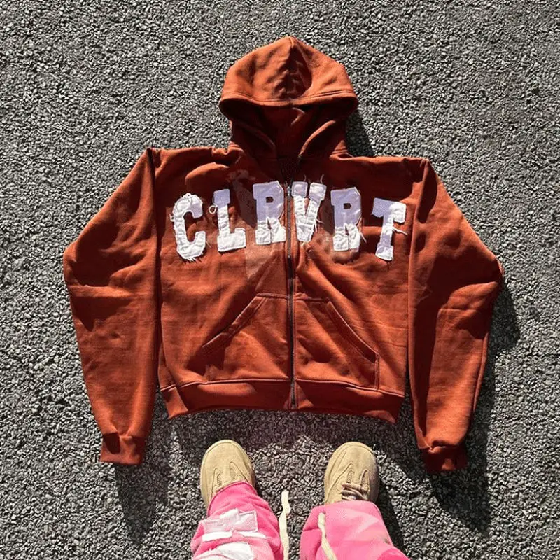 Custom Applique Embroidered Stitching Distressed Unisex Hoodies Heavyweight Oversized Sun Faded Zip Up Acid Wash Hoodie Jackets