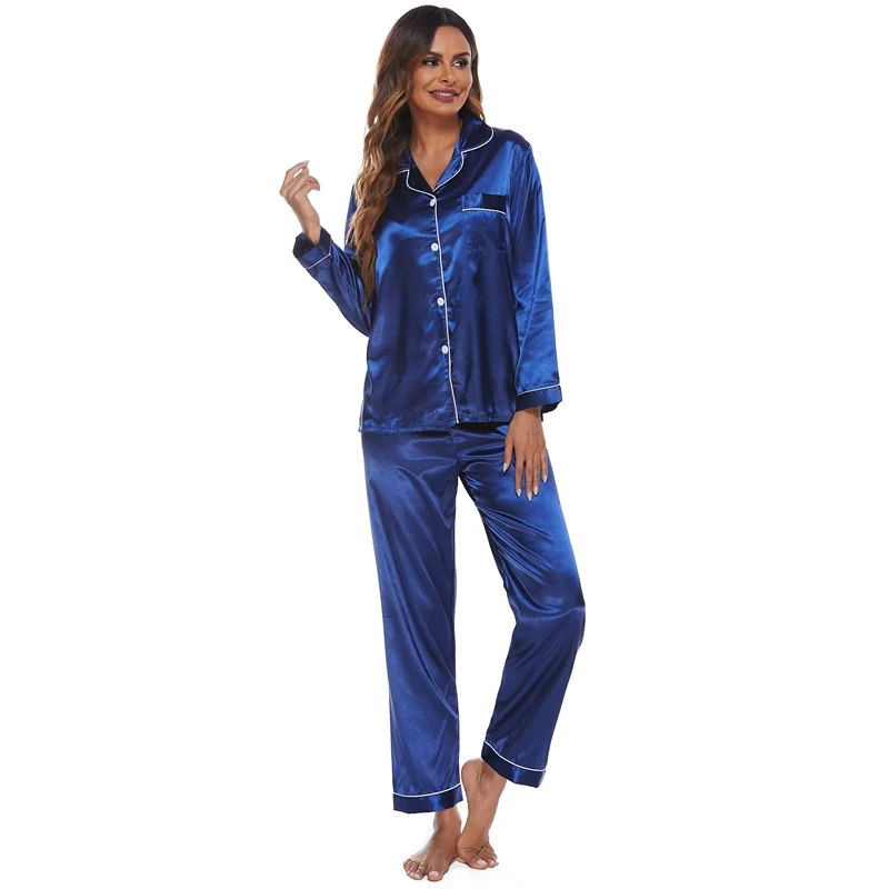 Top Seller Chinese Manufacturer Silk Satin Ladies Pajamas Long Sleeves Pants Polyester Smooth Satin Nightgown Set for Women