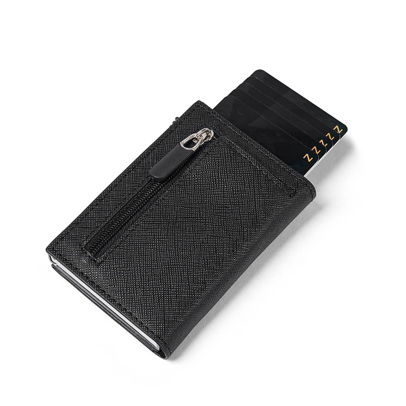 Design Fashion Zipper Coins Magnetic Card Holder Aluminum Pu Leather Business Rfid Smart Wallet Card Holder 2023