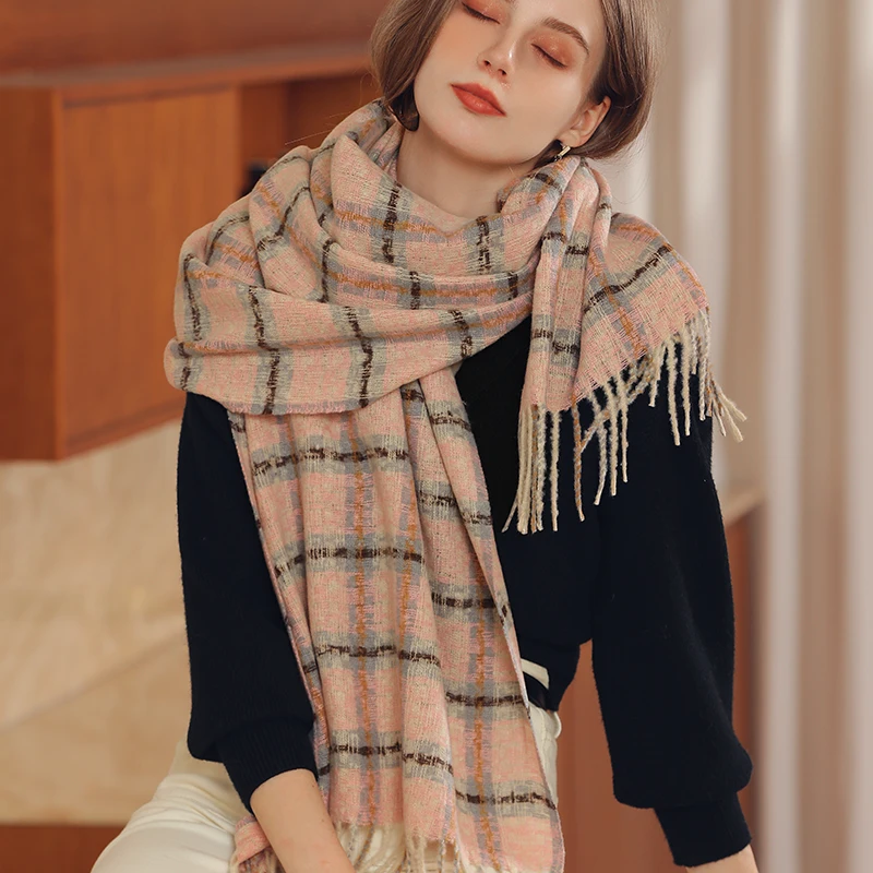 Wholesale Striped Plaid Shawl Elegant Lady Style Oblong Chunky Loop Yarn Scarf with Tassel