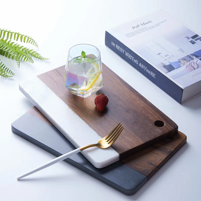 Hot Sale Black Slate Food Platter White Marble Solid Wood Cutting Board For Kitchen Cheese Charcuterie Dinner Serving Tray