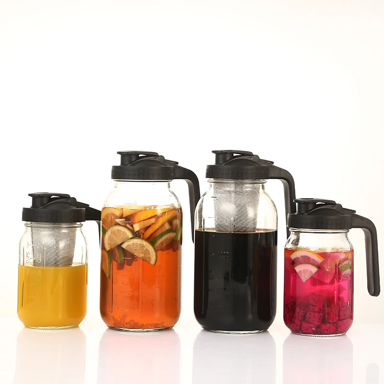 Hot Selling 32oz/64oz Glass Drinking Pitcher with Pour Spout Lid Handle 1000ml/2000ml Wide Mouth Beverage Mason Jar Tea Pot