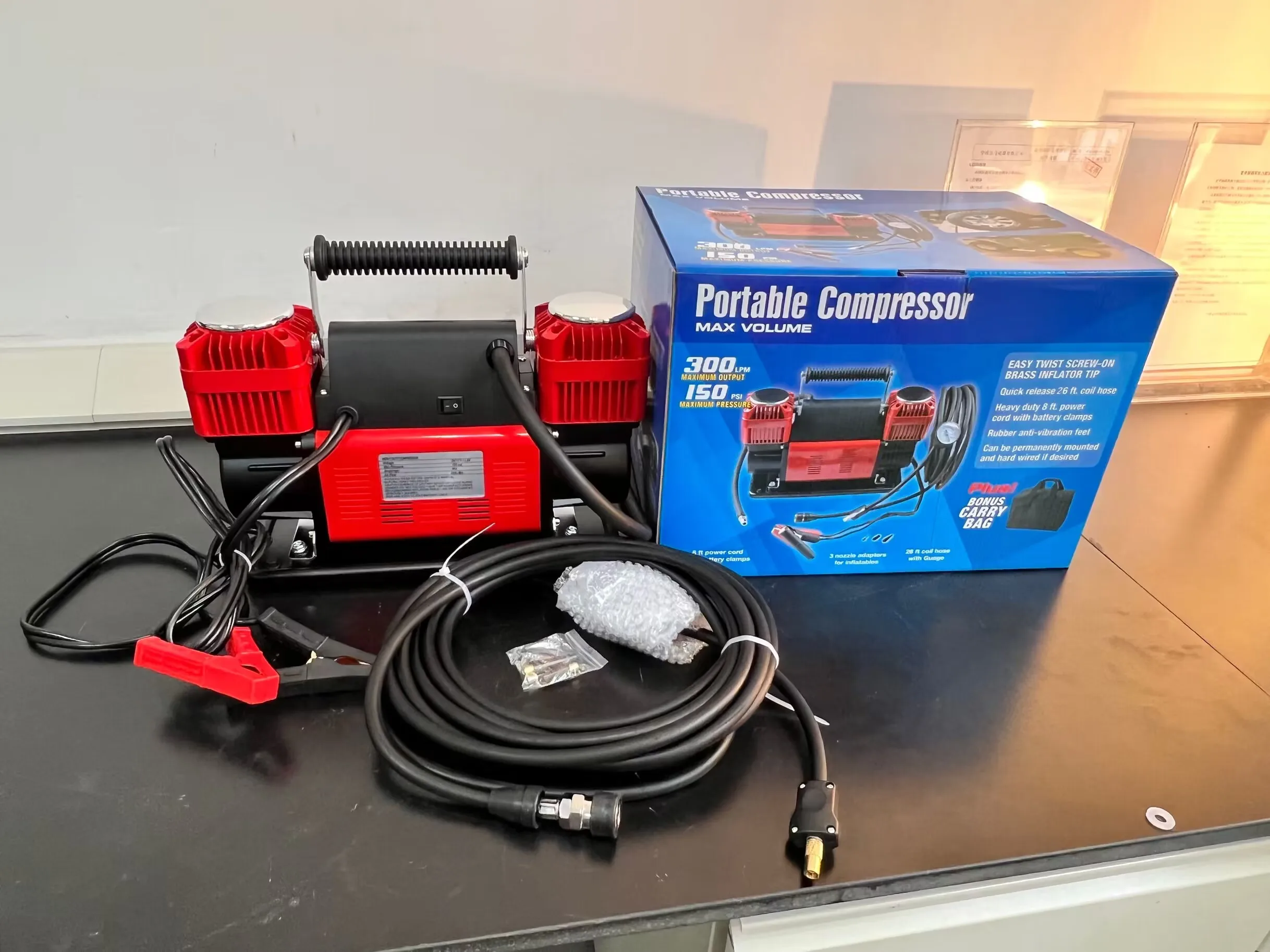 300L/MIIN Fast Inflating Heavy Duty Car Tire Inflator Pump Double Cylinders Full a Tyre In 40SECS 150PSI 12V/24V