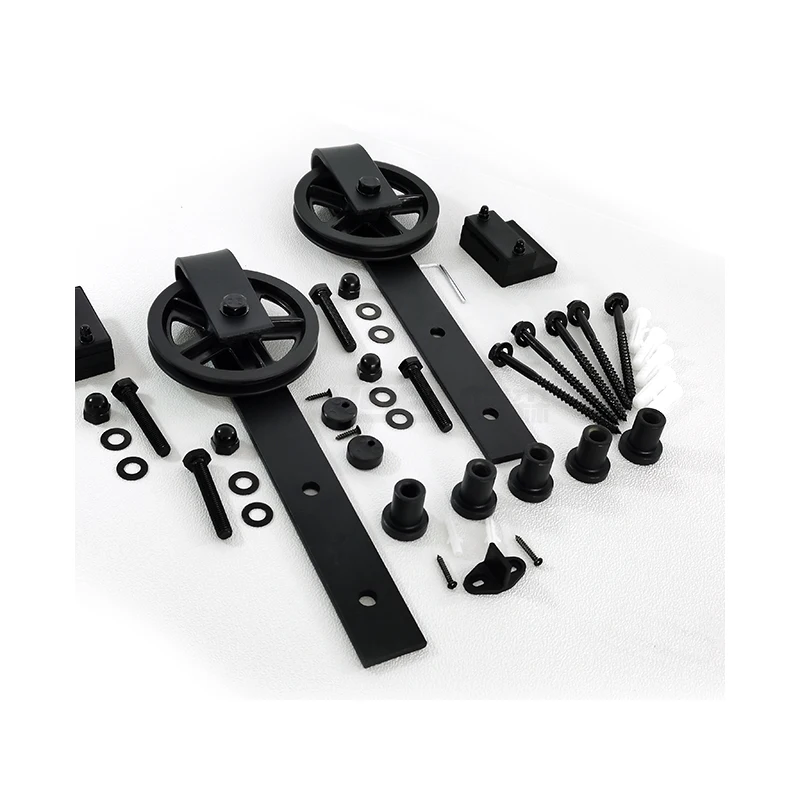 Modern Style Full Size Big Roll Wheel Black Carbon Steel Sliding Barn Door Hardware Kits For Interior Single Wooden Door