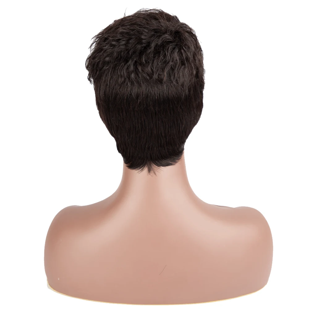 Rebecca Natural Black Short Pixie Wigs with Bangs Layered Cut Natural Curl Straight Synthetic Hair Wig for White Women