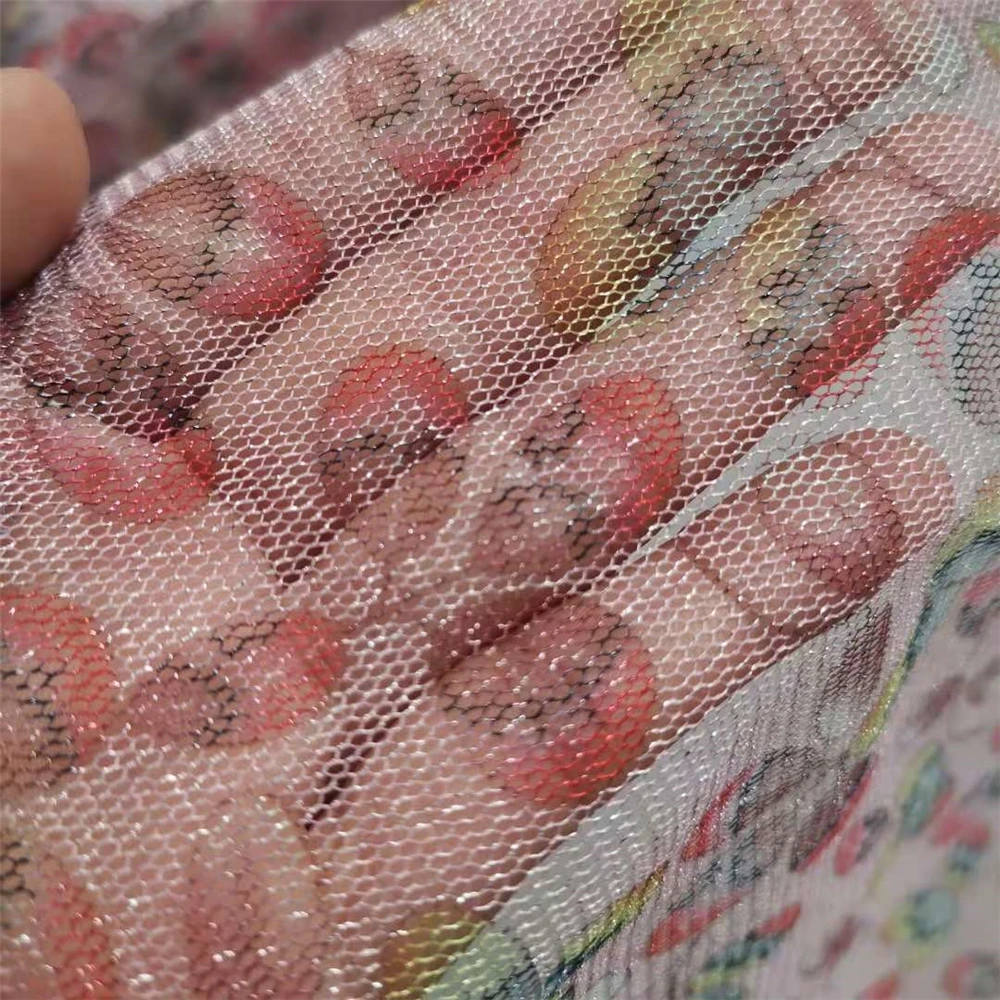  Micro-elastic hexagonal wire net silver screen small leaf digital printing skirt and other fabrics in