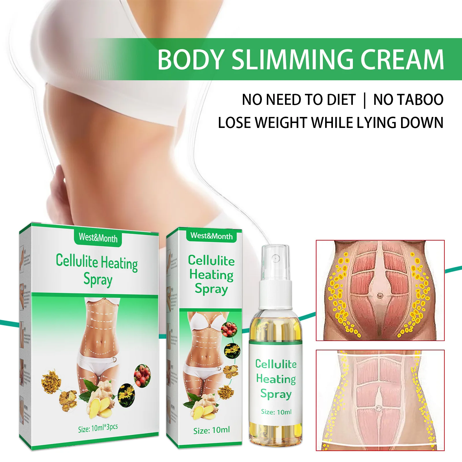 West&Month Body sculpting spray shaping firming slender belly thigh slimming essential oil massage heating essence spray