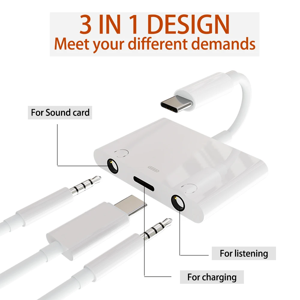 3 in 1 Type C to Dual 3.5mm Type C Sound Card Audio Adapter