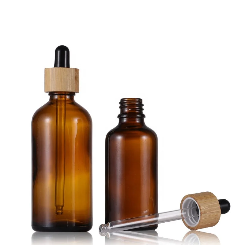 Amber Essential Oil Glass Pipette Bottle With Eco-friendly Bamboo Lid Wood Cap Dropper Cosmetic Container