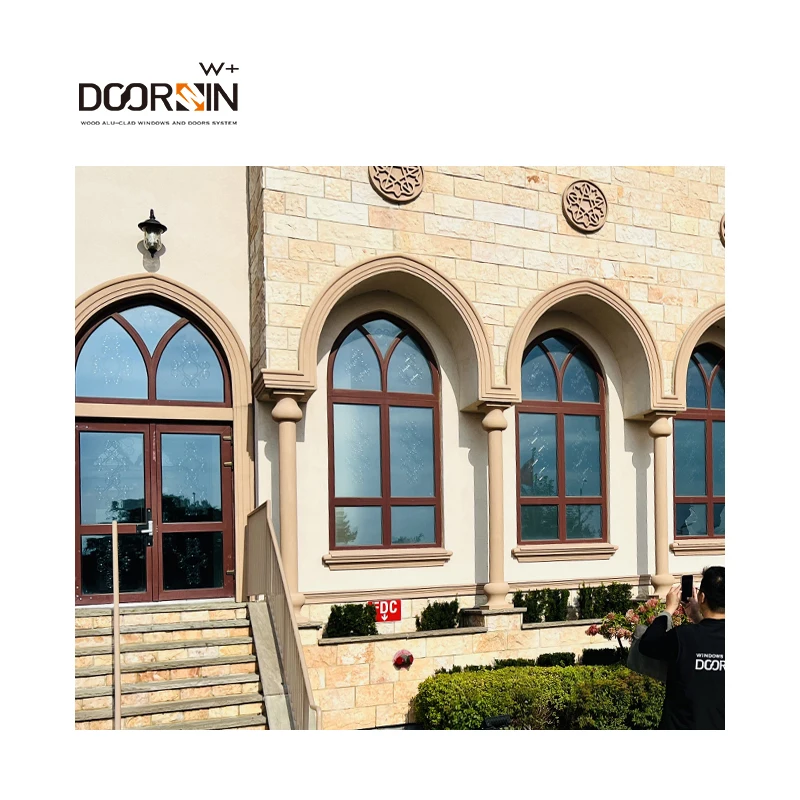 NFRC Certified Modern Wooden Windows For House Security Windproof Special Shapes Arch Top Grid Line Fixed Windows