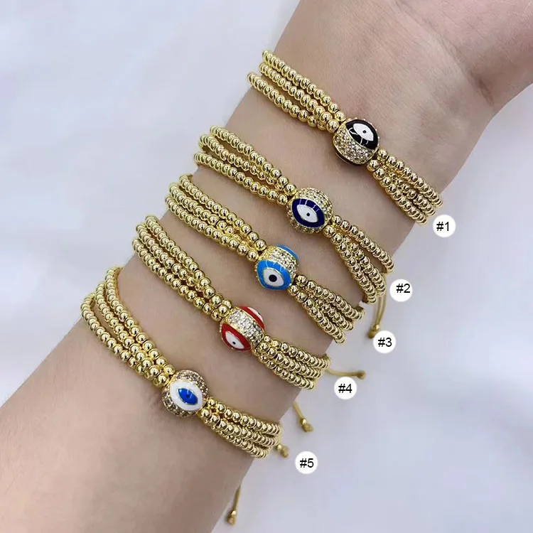 BC3037 Triple Layer Multi-row 3mm Tiny 18K Gold Plated Ball Beaded CZ Pave Enamel Evil Eyes Bead Macrame Bracelets for Women