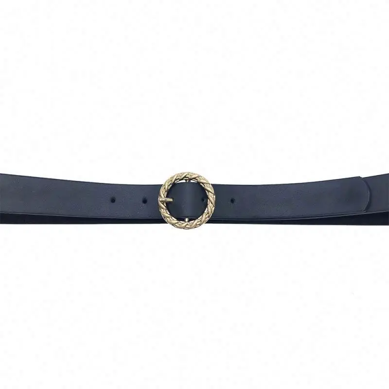 Alfa Casual Genuine Leather Belts Black Leather Belt With Round Gold Buckle For Ladies Waist Dress