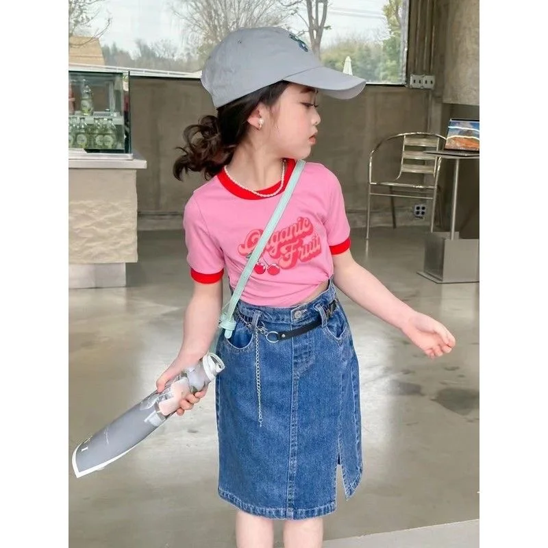 Hot Sale Summer Children Clothes Sets 120-170cm Girls Cherry Pattern Shirt And Cowboy Skirt Shorts Casual 2 Pcs Sets