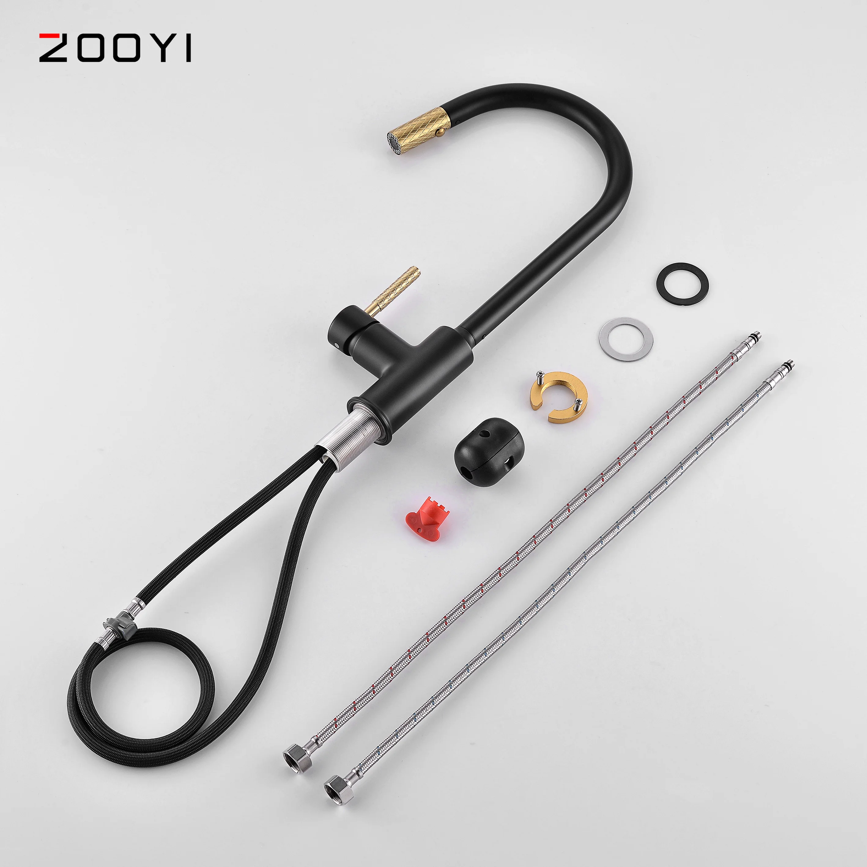 ZOOYI China Factory modern matte black brass kitchen faucet with pull out spray head