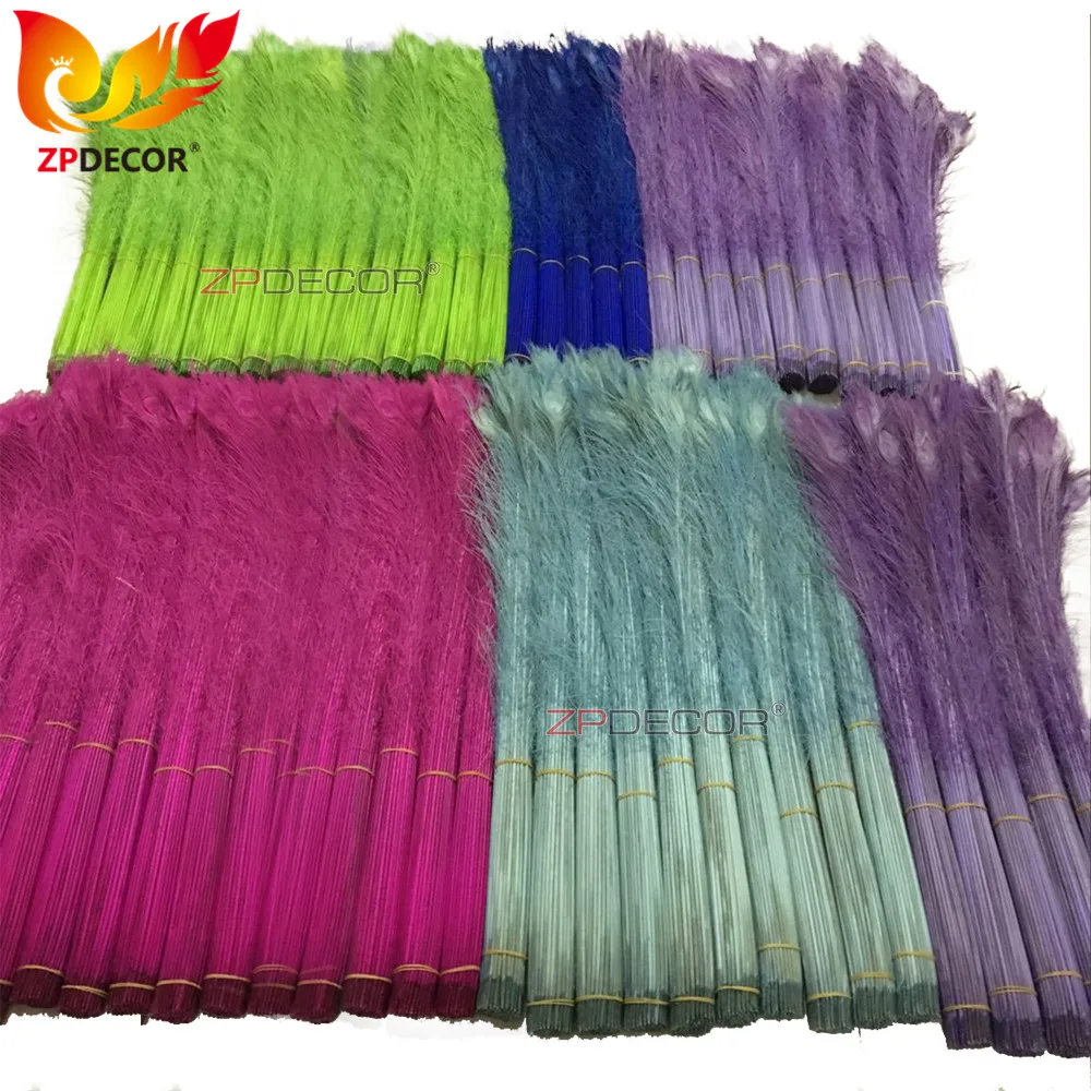 Real Shipping Picture from ZPDECOR Wholesale Bleached Dyed Purple Long Peacock Tail Feathers for Samba Carnival Costume