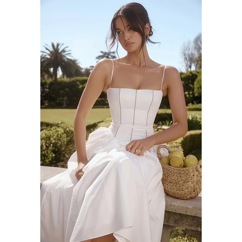 2024 New style hot sale hollow out lace bohemian aesthetic straps sling long dress for women
