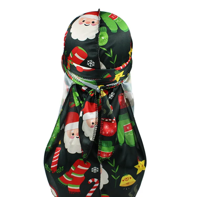 High Quality Custom Printing Durags External Stitch Unisex Silky Soft Christmas Printed Durag Waves Extra Long Straps Doo Rag