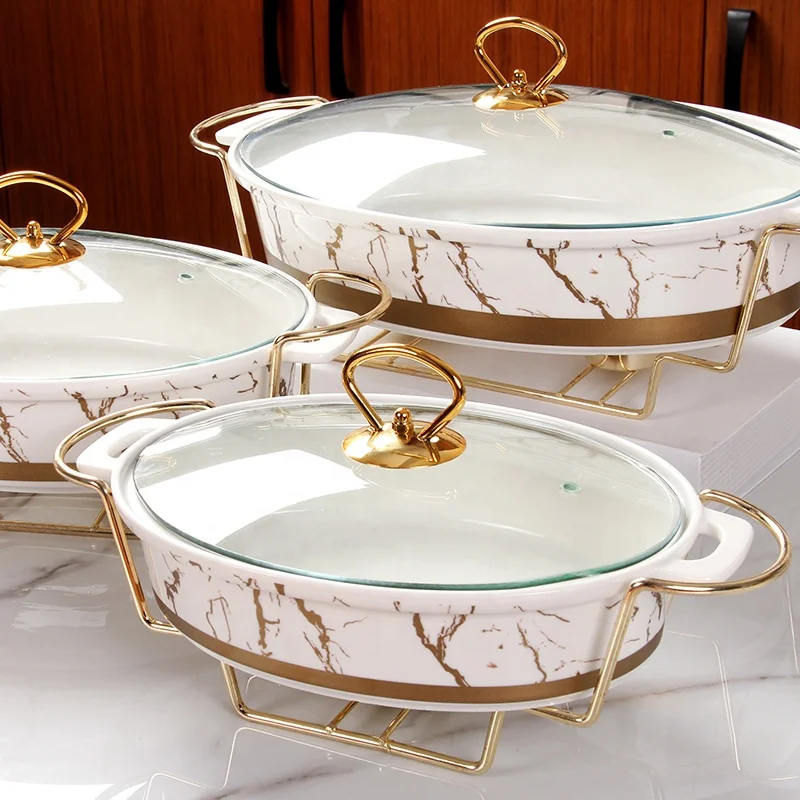 Factory direct sell gold oval shape casserole marble ceramic buffet soup pot with iron stand